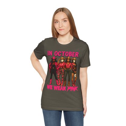 In October We Wear Pink Shirt – Western Cowgirl Squad Halloween Awareness Tee