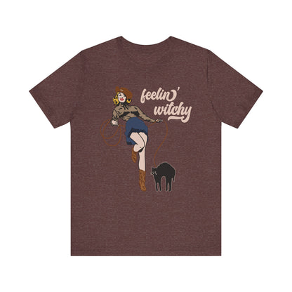 Feeling Witchy Shirt – Vintage Pin-Up Girl & Black Cat Halloween Tee