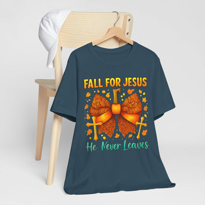 Fall for Jesus He Never Leaves Shirt – Christian Pumpkin Bow Thanksgiving Tee
