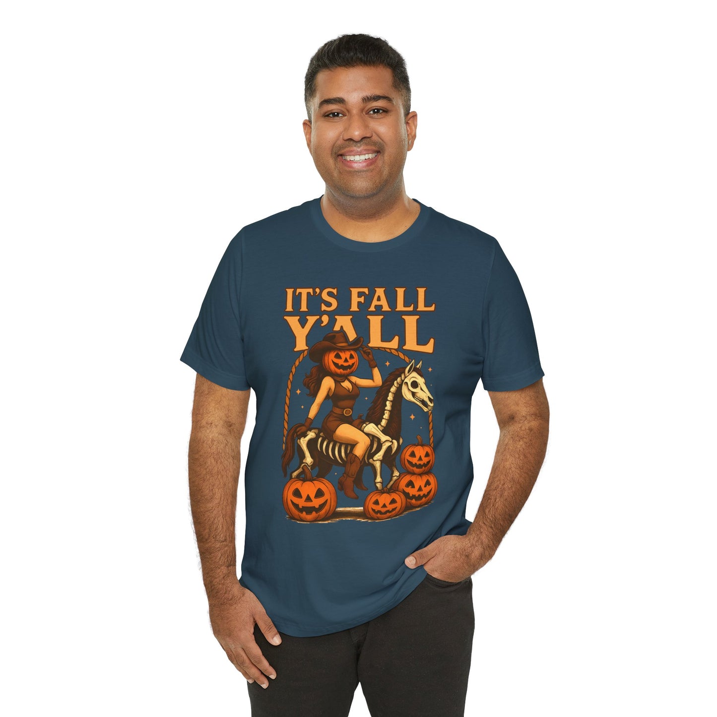 It’s Fall Y’all Shirt – Pumpkin Head Cowgirl Skeleton Horse Western Tee