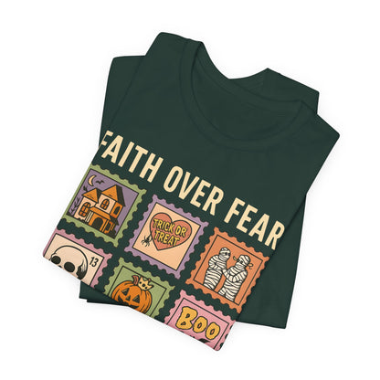 Faith Over Fear Shirt, Christian Halloween Stamp T-Shirt, Religious Spooky Season Tee