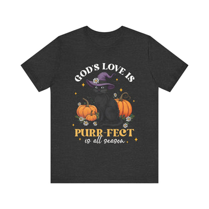 God’s Love Is Purr-fect Shirt – Cute Christian Black Cat Pumpkin Fall Faith Tee