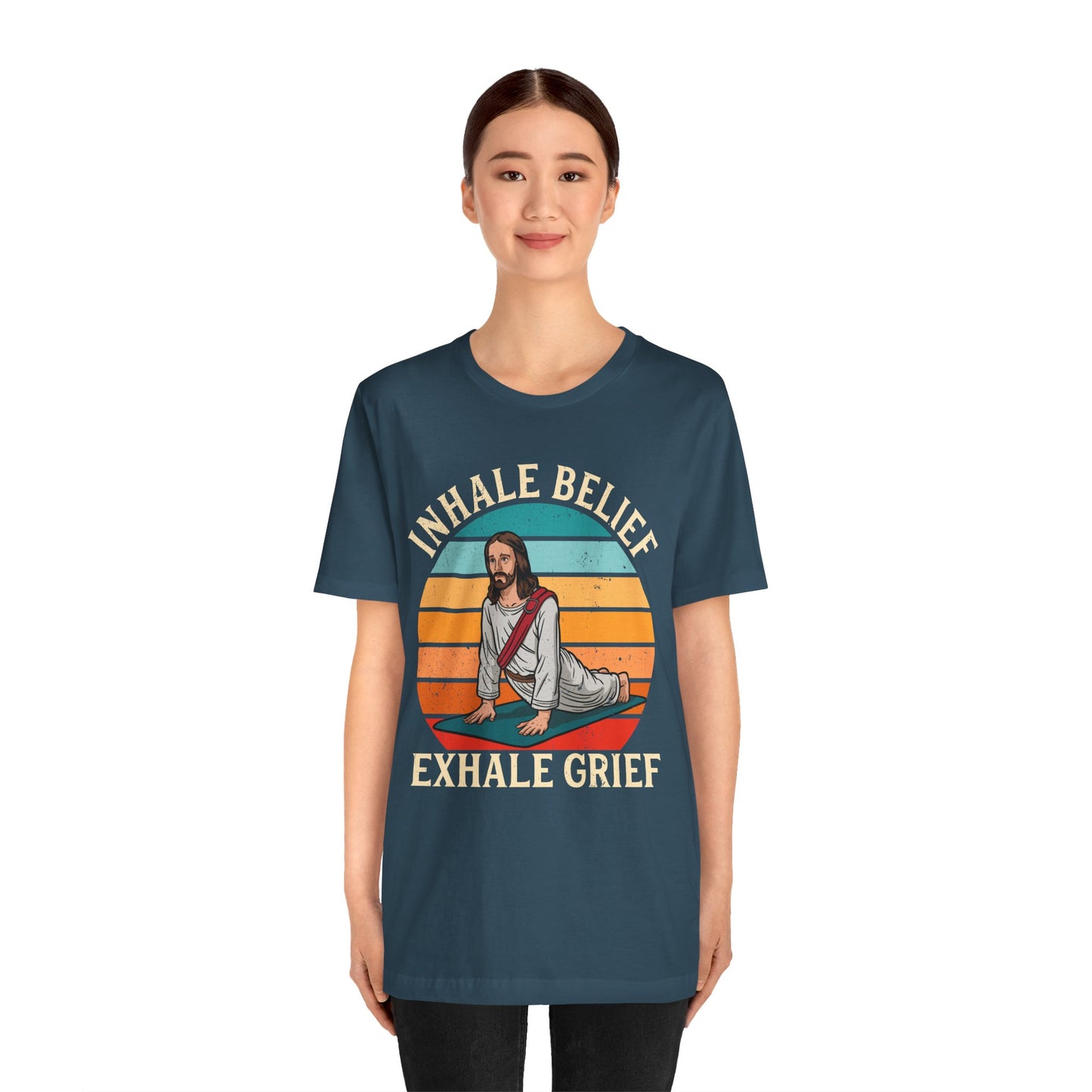 Jesus Inhale Belief Exhale Grief Shirt – Christian Yoga Retro Faith Wellness Tee