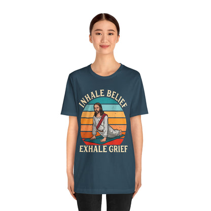 Jesus Inhale Belief Exhale Grief Shirt – Christian Yoga Retro Faith Wellness Tee