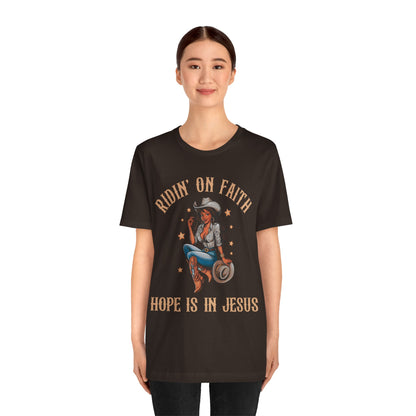 Ridin’ On Faith Cowgirl Shirt – Black Christian Western Jesus Tee
