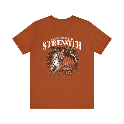 Clothed With Strength Shirt – Christian Tiger Cherry Blossom Proverbs 31:25 Tee
