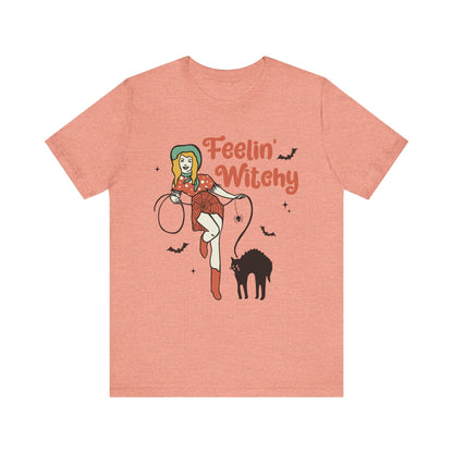 Feelin’ Witchy Shirt Vintage Pin-Up Witch & Black Cat Halloween Tee