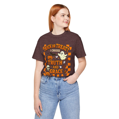 Trick or Treat I Choose Truth and Grace Shirt – Christian Halloween Faith Tee