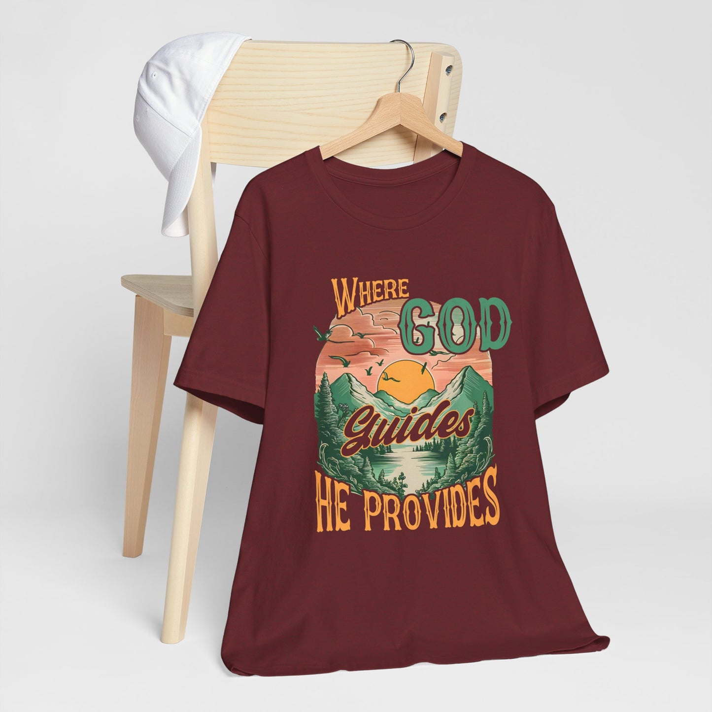 Where God Guides He Provides Shirt – Mountain Sunset Retro Christian Tee