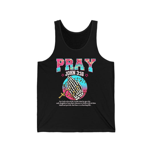 PRAY John Tank – Christian Prayer Hands Pink Leopard Print Faith Unisex Jersey