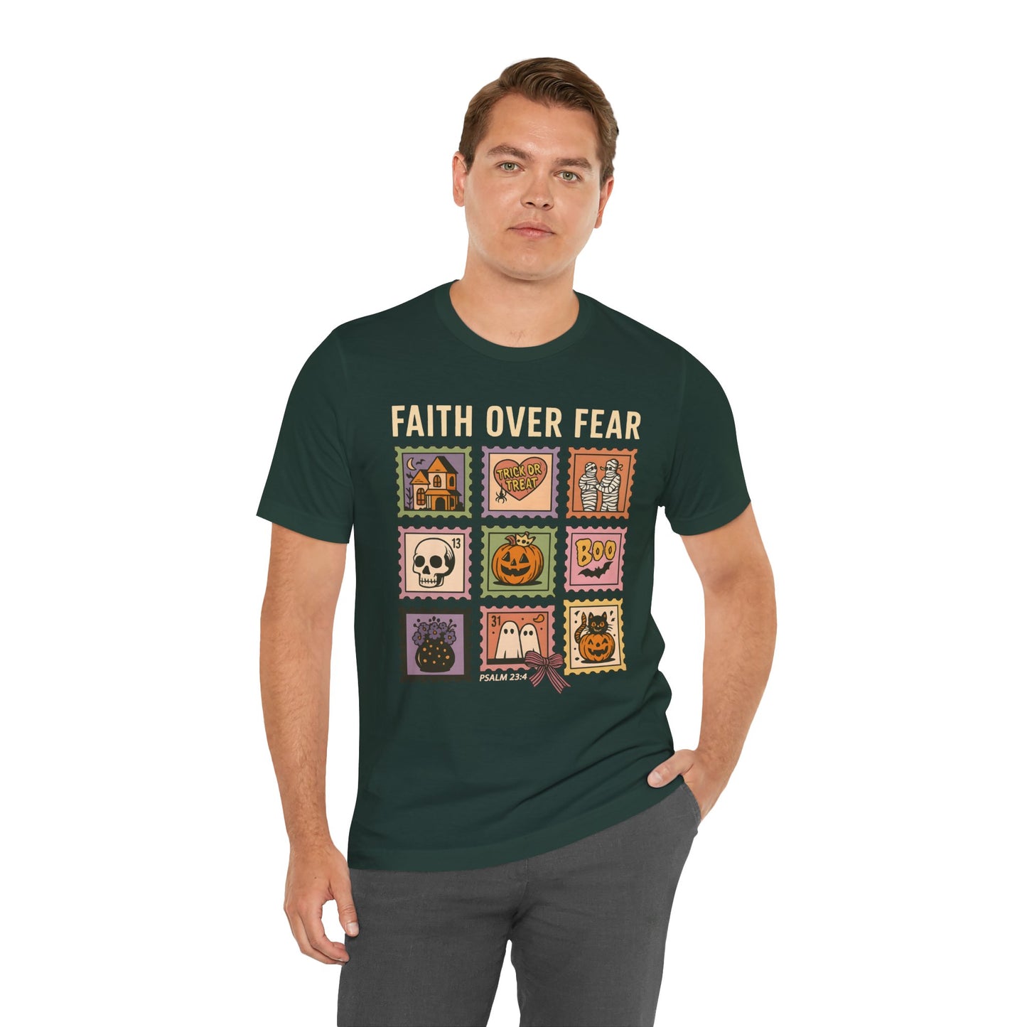 Faith Over Fear Shirt, Christian Halloween Stamp T-Shirt, Religious Spooky Season Tee