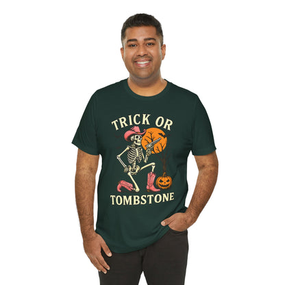 Trick or Tombstone Shirt Funny Skeleton Cowboy Halloween Tee, Spooky Western Rodeo Outfit
