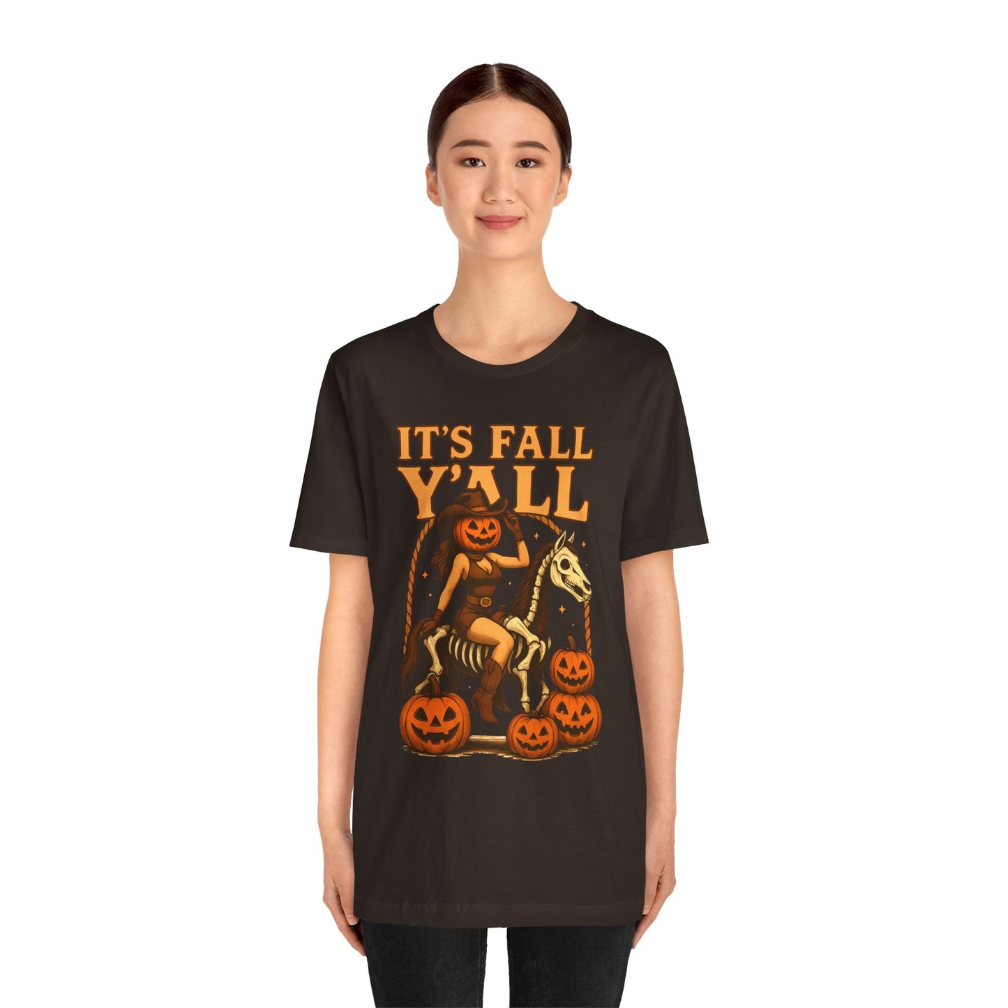 It’s Fall Y’all Shirt – Pumpkin Head Cowgirl Skeleton Horse Western Tee