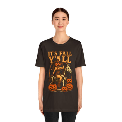 It’s Fall Y’all Shirt – Pumpkin Head Cowgirl Skeleton Horse Western Tee