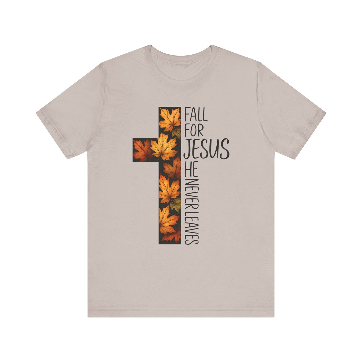 Fall for Jesus He Never Leaves Shirt – Retro Christian Cross Thanksgiving Tee