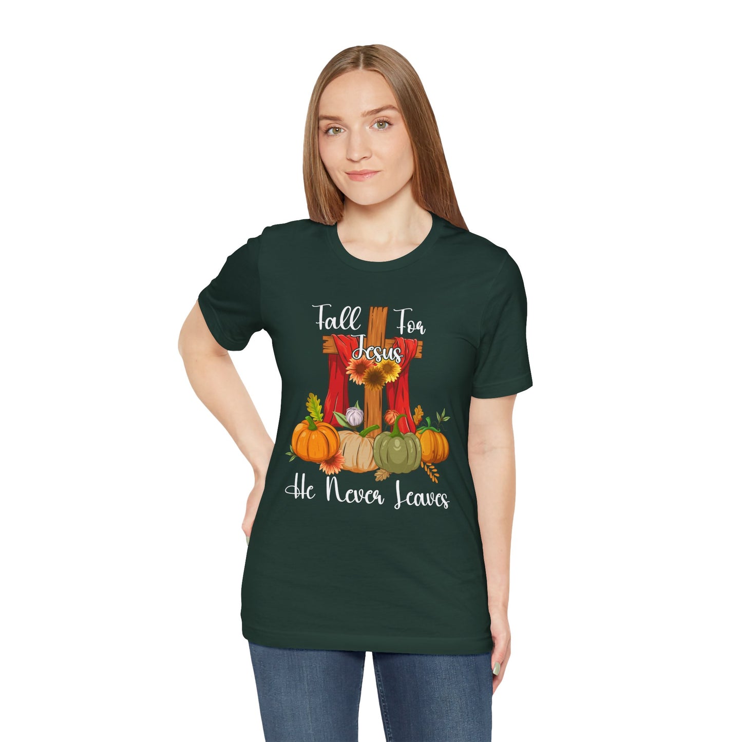 Fall for Jesus He Never Leaves Shirt – Retro Christian Thanksgiving Faith Tee