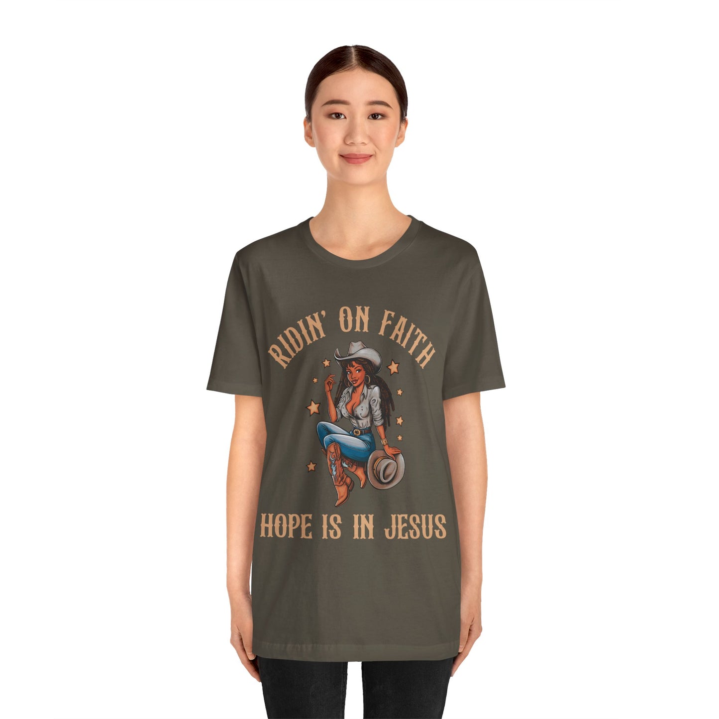 Ridin’ On Faith Cowgirl Shirt – Black Christian Western Jesus Tee