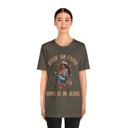 Ridin’ On Faith Cowgirl Shirt – Black Christian Western Jesus Tee