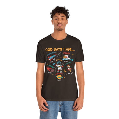 God Says I Am Kids Shirt – Christian Astronaut Space Galaxy Bible Affirmation Tee