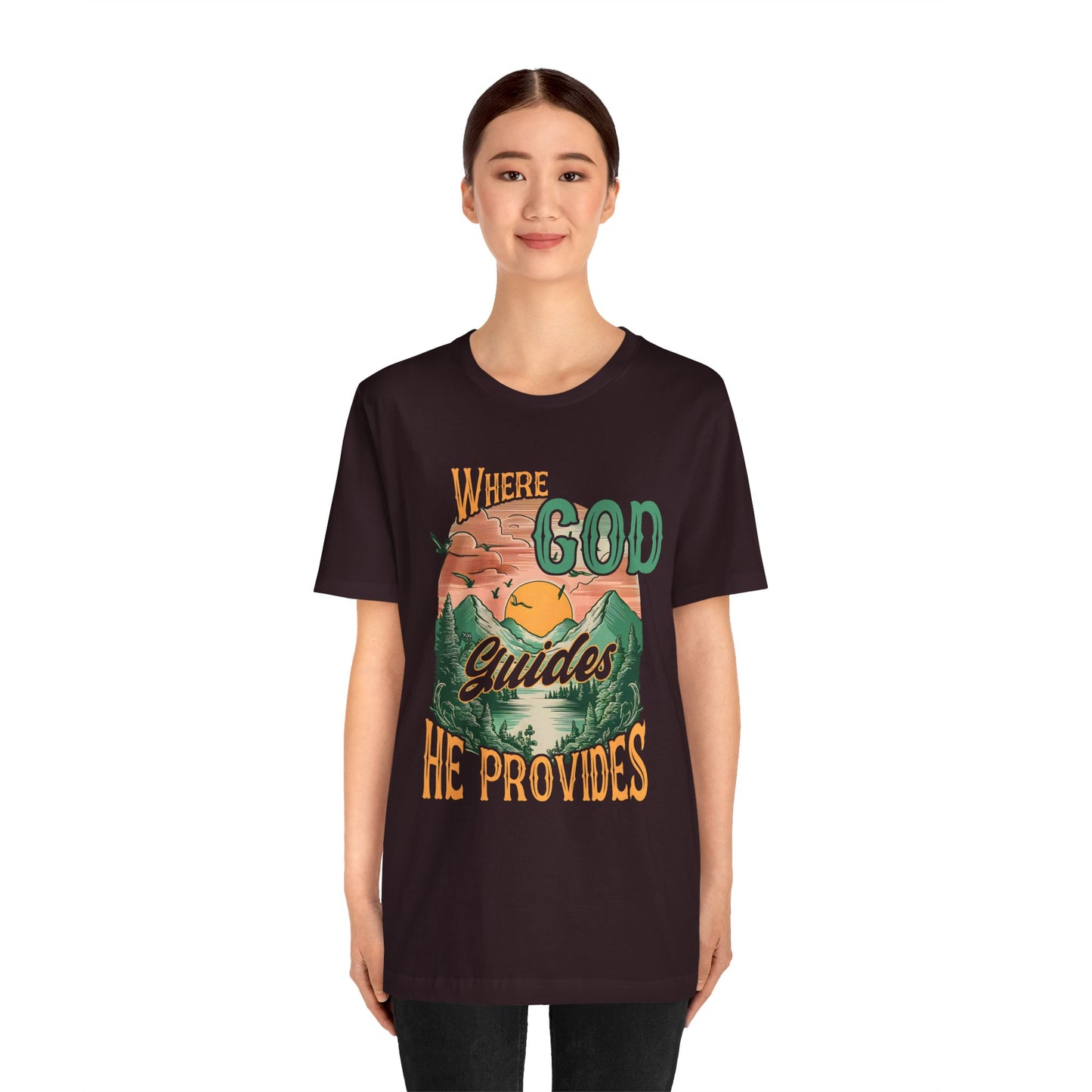 Where God Guides He Provides Shirt – Mountain Sunset Retro Christian Tee
