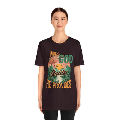 Where God Guides He Provides Shirt – Mountain Sunset Retro Christian Tee