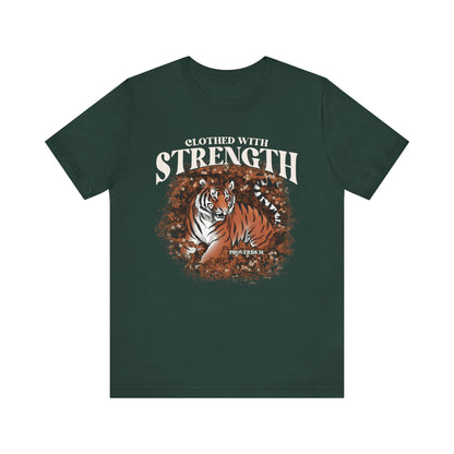 Clothed With Strength Shirt – Christian Tiger Cherry Blossom Proverbs 31:25 Tee