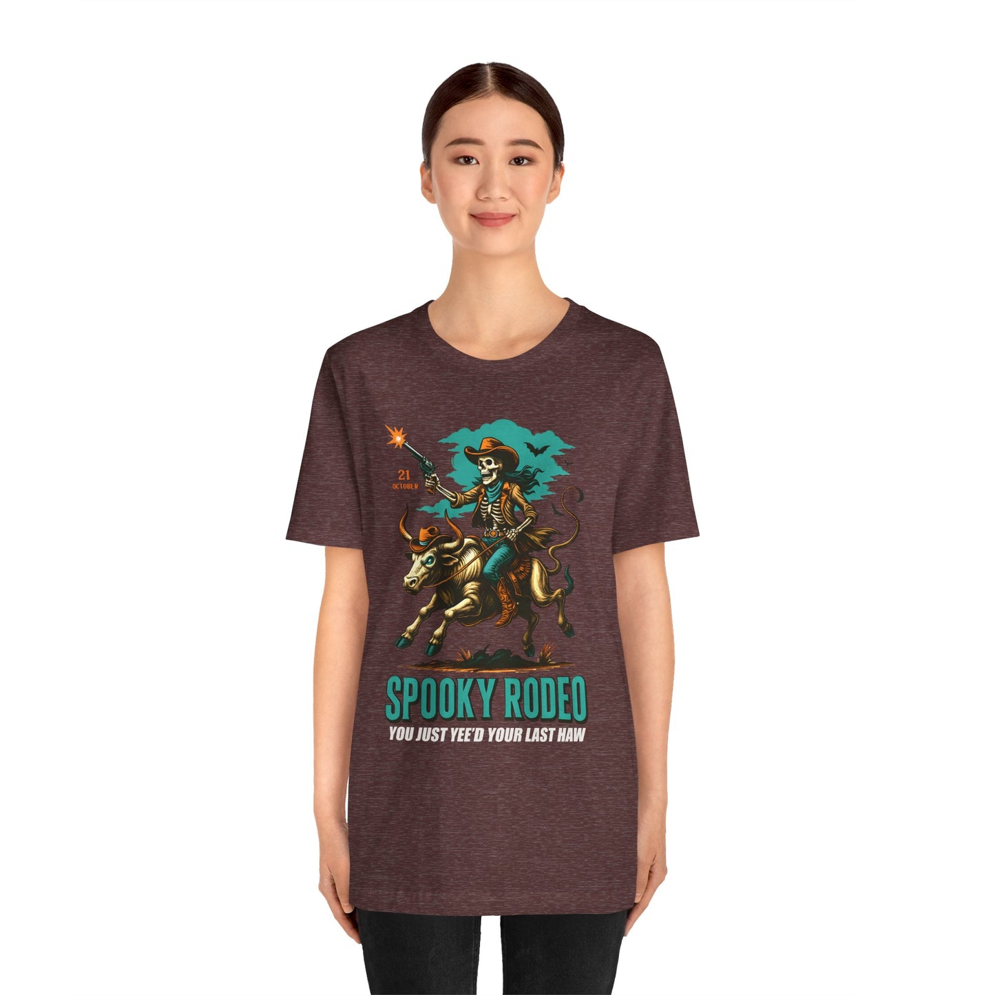 Spooky Rodeo Shirt Skeleton Cowboy Halloween Tee, Western Bull Rider Graphic for Fall