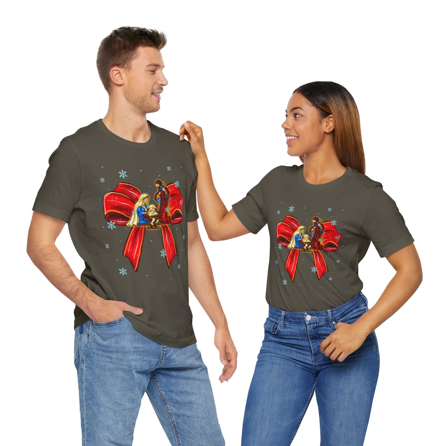 Nativity Scene Christmas Shirt – Coquette Bow Faith Tee, Jesus Holiday Pajama Top