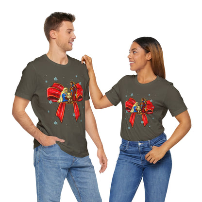 Nativity Scene Christmas Shirt – Coquette Bow Faith Tee, Jesus Holiday Pajama Top