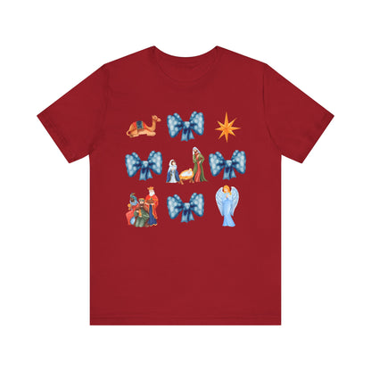 Nativity Scene Coquette Bow Shirt – Cute Christian Christmas Faith Holiday Tee