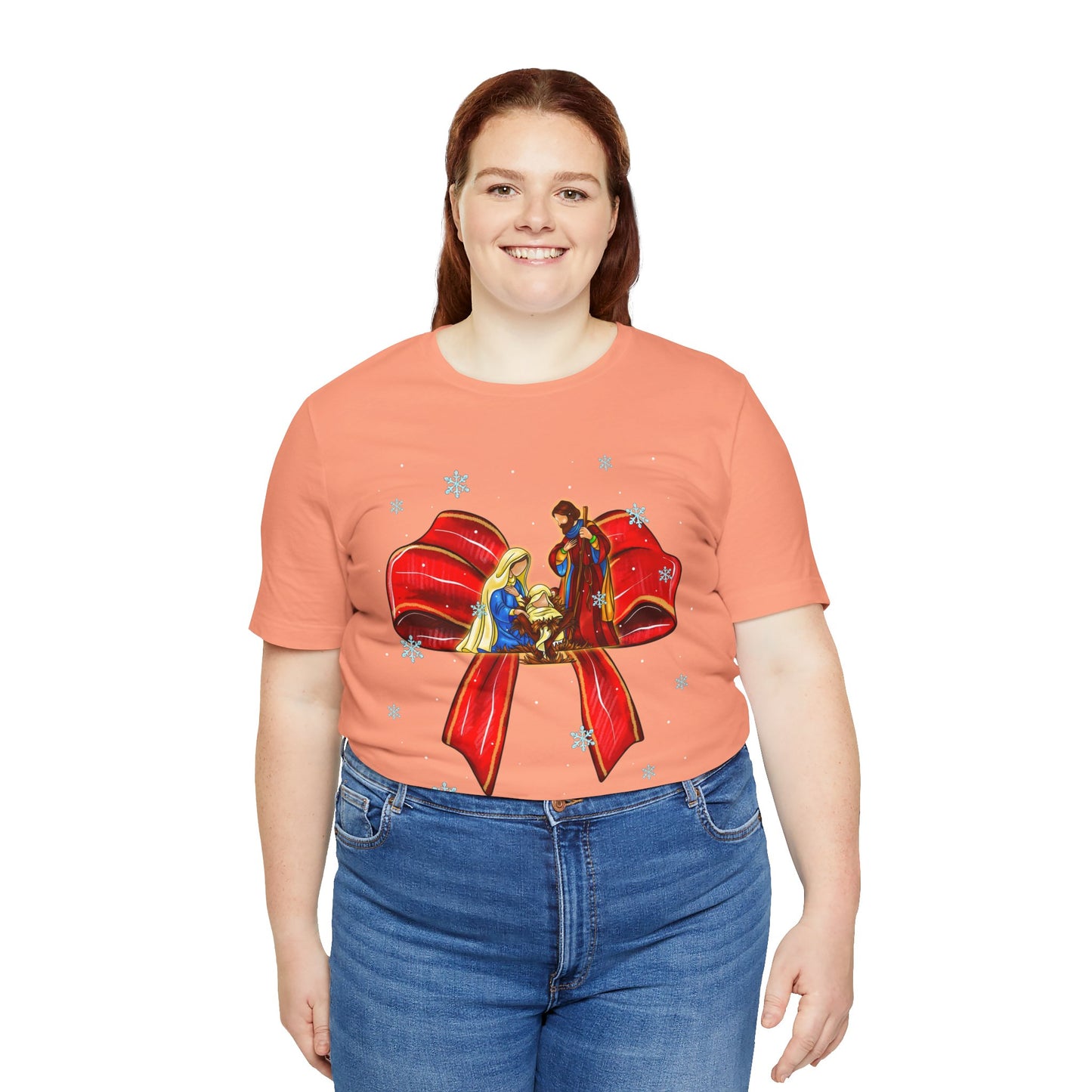 Nativity Scene Christmas Shirt – Coquette Bow Faith Tee, Jesus Holiday Pajama Top