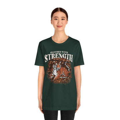Clothed With Strength Shirt – Christian Tiger Cherry Blossom Proverbs 31:25 Tee