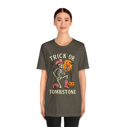 Trick or Tombstone Shirt Funny Skeleton Cowboy Halloween Tee, Spooky Western Rodeo Outfit