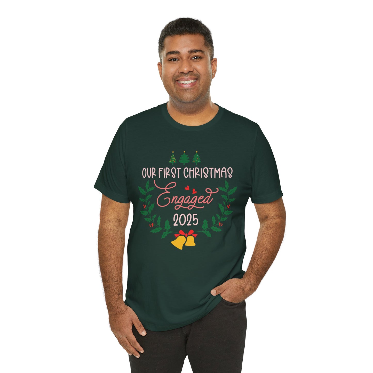 Our First Christmas Engaged 2025 Shirt – Holiday Couple Engagement Gift Tee