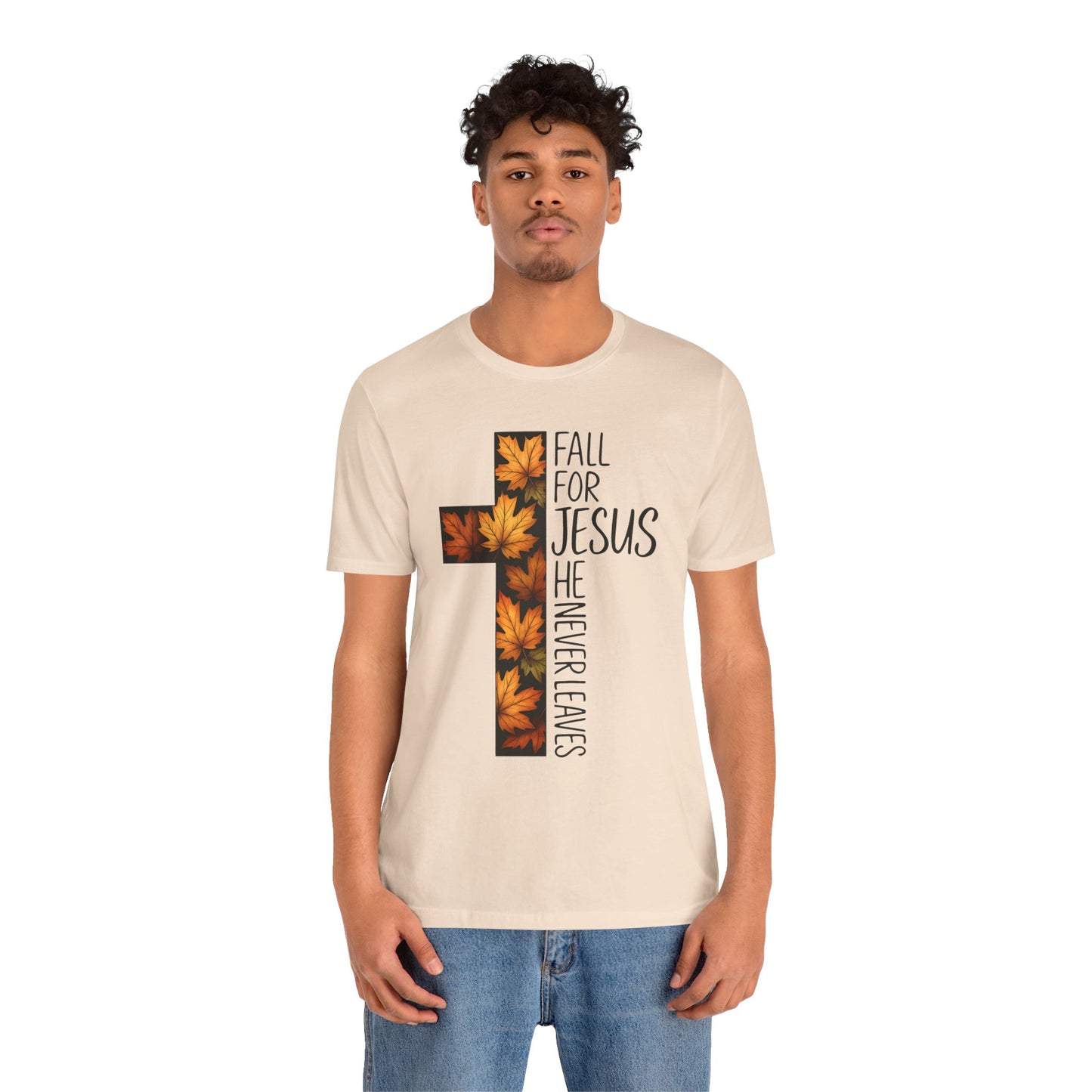 Fall for Jesus He Never Leaves Shirt – Retro Christian Cross Thanksgiving Tee