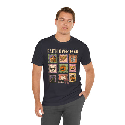 Faith Over Fear Shirt, Christian Halloween Stamp T-Shirt, Religious Spooky Season Tee