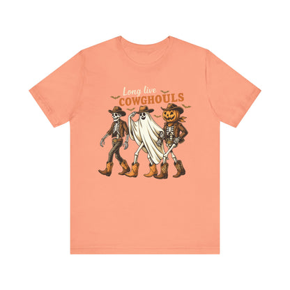 Long Live Cowghouls Shirt Western Halloween Skeleton Ghost Pumpkin Tee, Spooky Cowgirl Fall Outfit