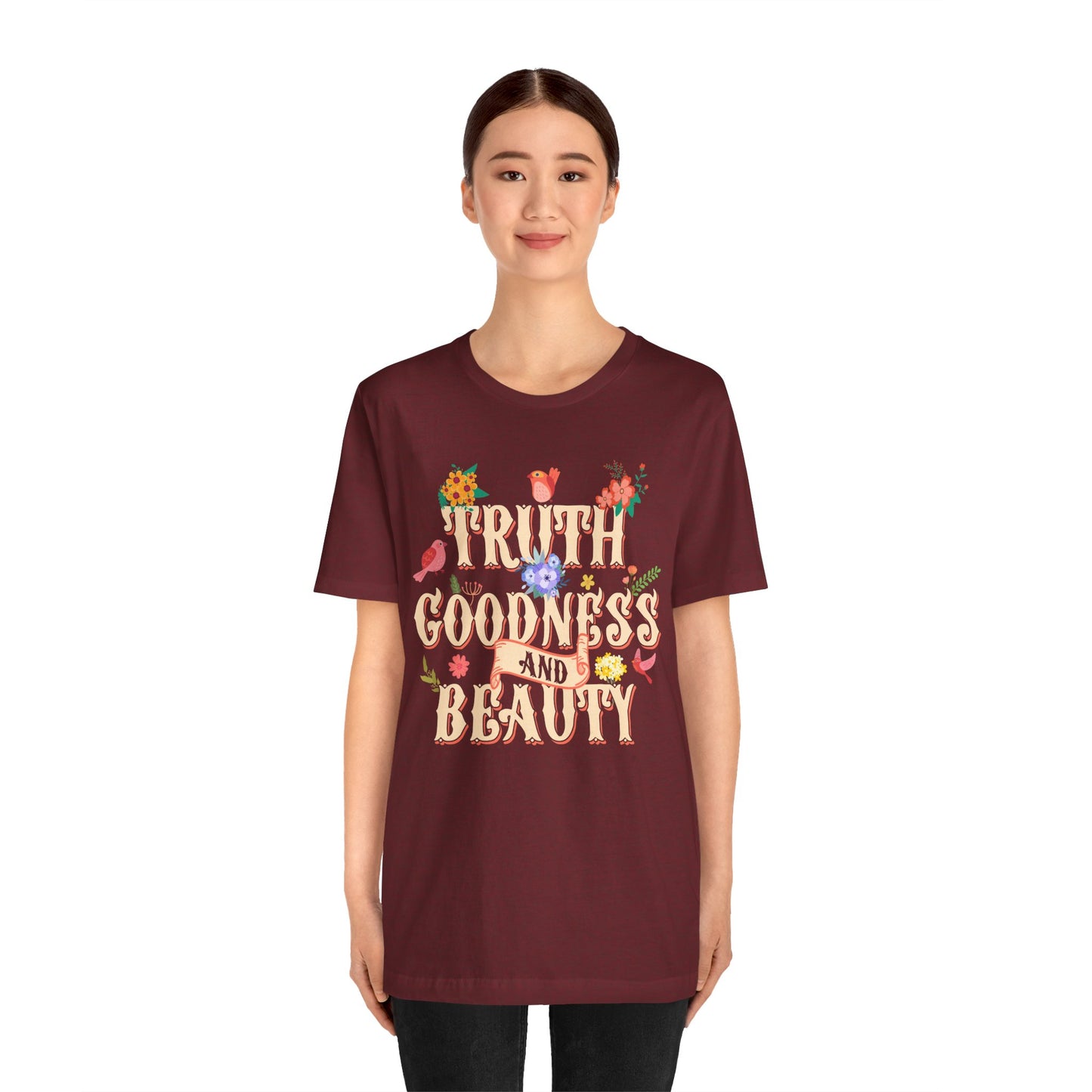 Truth Goodness and Beauty Shirt – Retro Floral Christian Virtue Faith Tee for Women